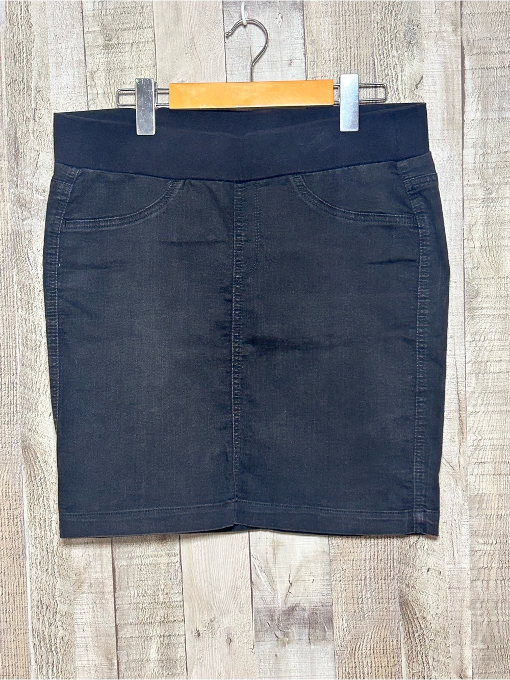 Gap 1969 Black Denim Mini Skirt Small Pull On Pencil Bodycon Stretch High Waist